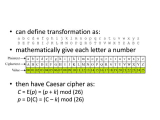 • can define transformation as:
a b c d e f g h i j k l m n o p q r s t u v w x y z
D E F G H I J K L M N O P Q R S T U V W X Y Z A B C
• mathematically give each letter a number
• then have Caesar cipher as:
C = E(p) = (p + k) mod (26)
p = D(C) = (C – k) mod (26)
 