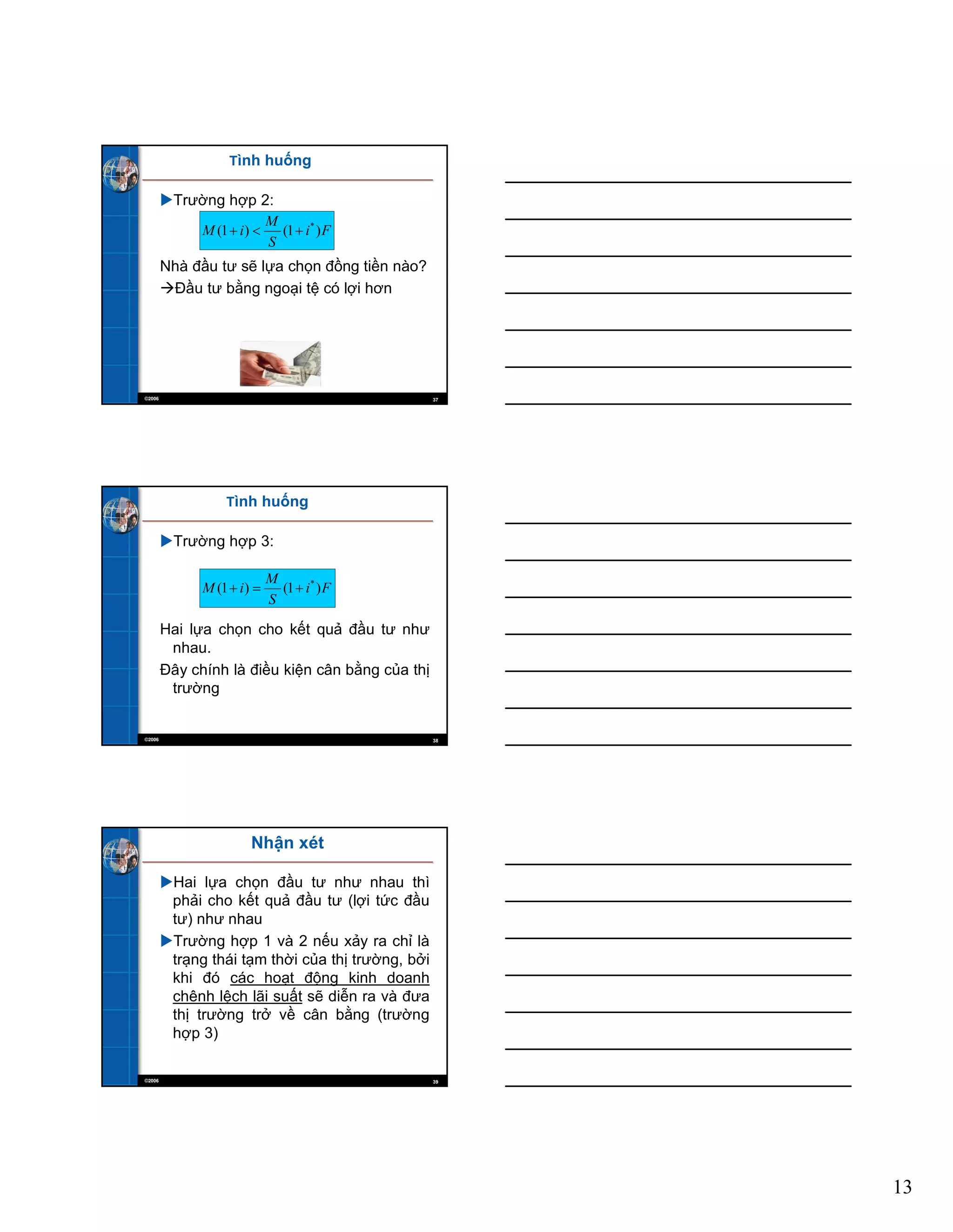 13
©2006 37
Tình huống
Trường hợp 2:
Nhà đầu tư sẽ lựa chọn đồng tiền nào?
Đầu tư bằng ngoại tệ có lợi hơn
Fi
S
M
iM )1()1( *
©2006 38
Tình huống
Trường hợp 3:
Hai lựa chọn cho kết quả đầu tư như
nhau.
Đây chính là điều kiện cân bằng của thị
trường
Fi
S
M
iM )1()1( *
©2006 39
Nhận xét
Hai lựa chọn đầu tư như nhau thì
phải cho kết quả đầu tư (lợi tức đầu
tư) như nhau
Trường hợp 1 và 2 nếu xảy ra chỉ là
trạng thái tạm thời của thị trường, bởi
khi đó các hoạt động kinh doanh
chênh lệch lãi suất sẽ diễn ra và đưa
thị trường trở về cân bằng (trường
hợp 3)
 