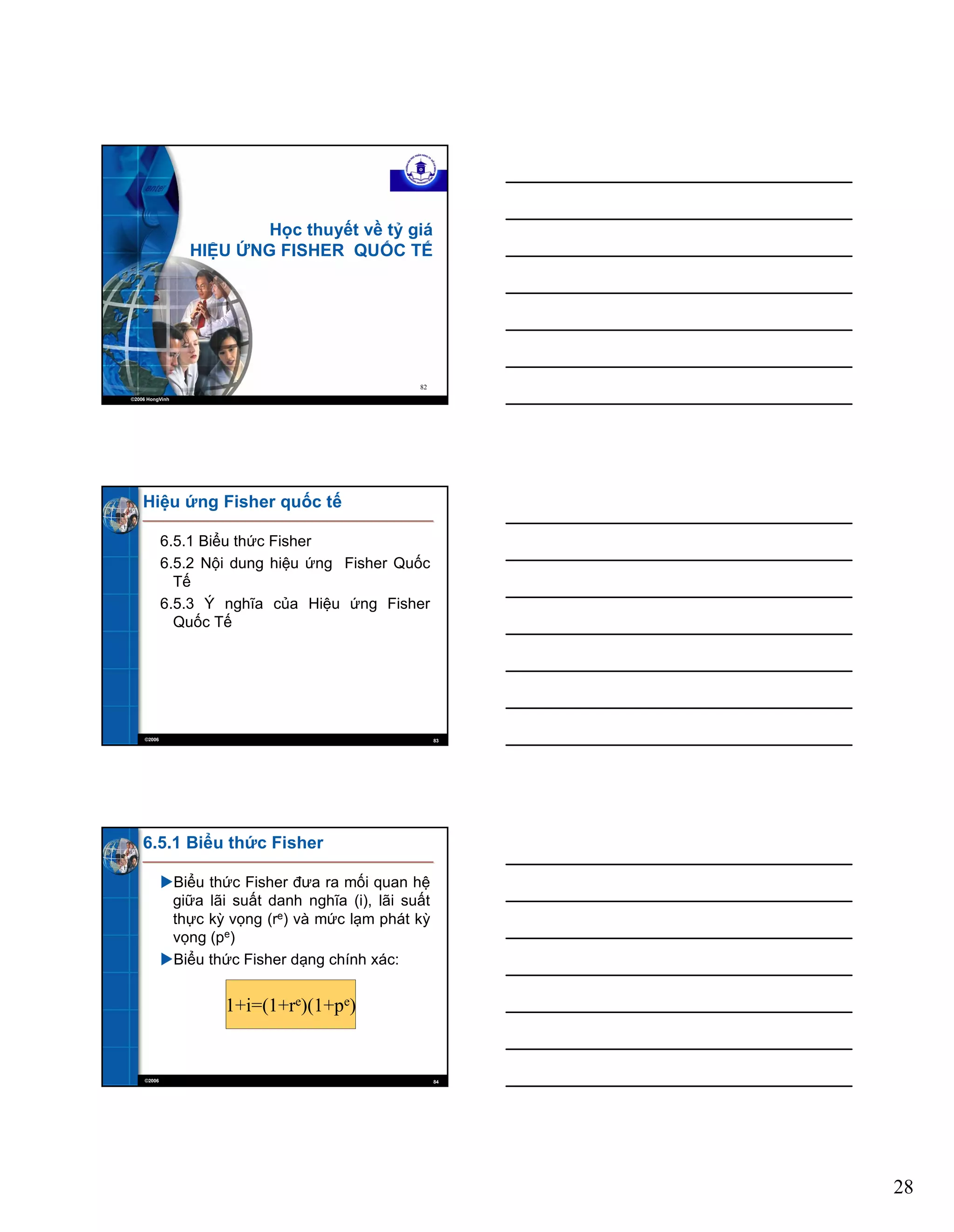 28
©2006 HongVinh
82
Học thuyết về tỷ giá
HIỆU ỨNG FISHER QUỐC TẾ
©2006 83
Hiệu ứng Fisher quốc tế
6.5.1 Biểu thức Fisher
6.5.2 Nội dung hiệu ứng Fisher Quốc
Tế
6.5.3 Ý nghĩa của Hiệu ứng Fisher
Quốc Tế
©2006 84
6.5.1 Biểu thức Fisher
Biểu thức Fisher đưa ra mối quan hệ
giữa lãi suất danh nghĩa (i), lãi suất
thực kỳ vọng (re) và mức lạm phát kỳ
vọng (pe)
Biểu thức Fisher dạng chính xác:
1+i=(1+re)(1+pe)
 