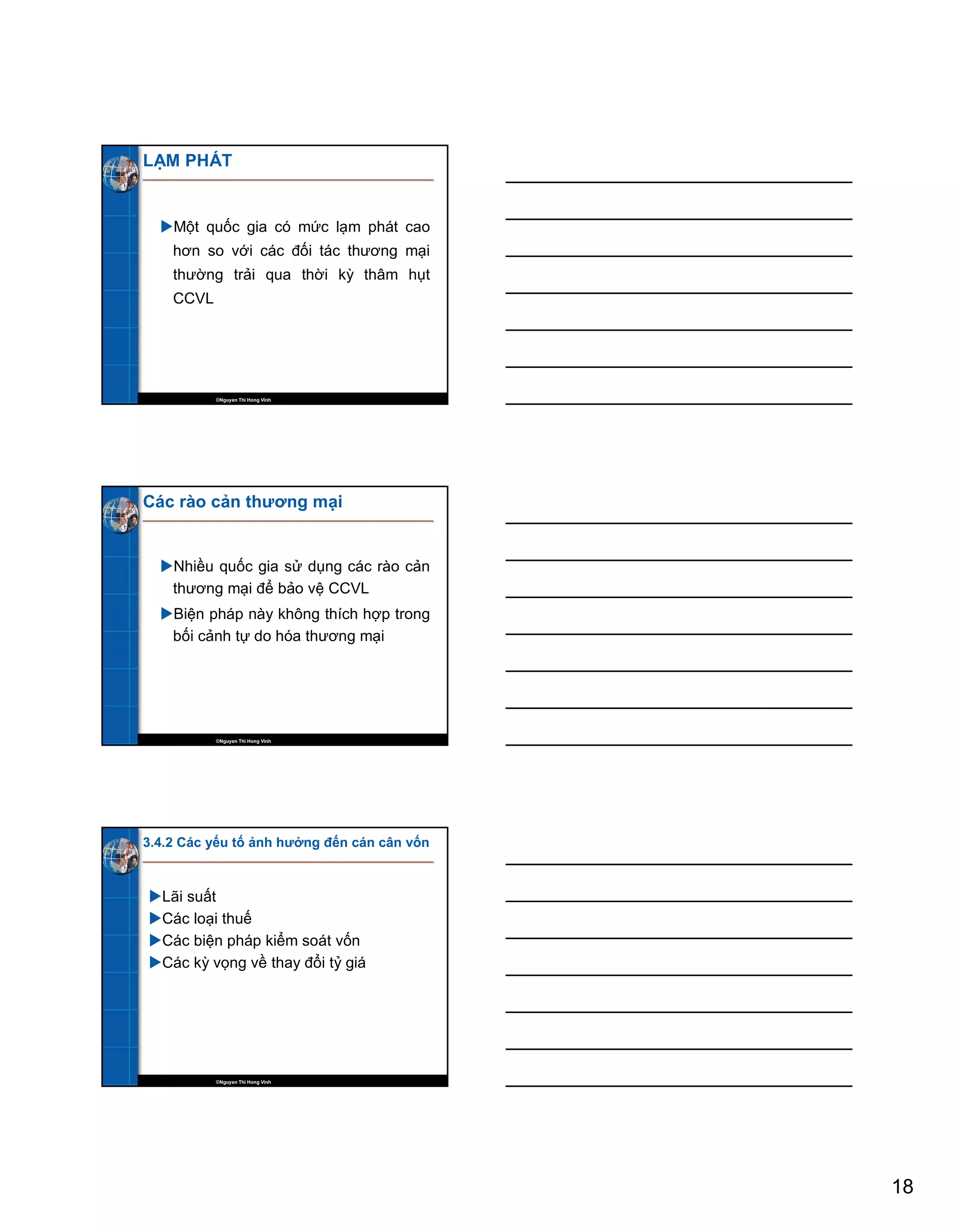 18
©Nguyen Thi Hong Vinh
LẠM PHÁT
Một quốc gia có mức lạm phát cao
hơn so với các đối tác thương mại
thường trải qua thời kỳ thâm hụt
CCVL
©Nguyen Thi Hong Vinh
Các rào cản thương mại
Nhiều quốc gia sử dụng các rào cản
thương mại để bảo vệ CCVL
Biện pháp này không thích hợp trong
bối cảnh tự do hóa thương mại
©Nguyen Thi Hong Vinh
3.4.2 Các yếu tố ảnh hưởng đến cán cân vốn
Lãi suất
Các loại thuế
Các biện pháp kiểm soát vốn
Các kỳ vọng về thay đổi tỷ giá
 