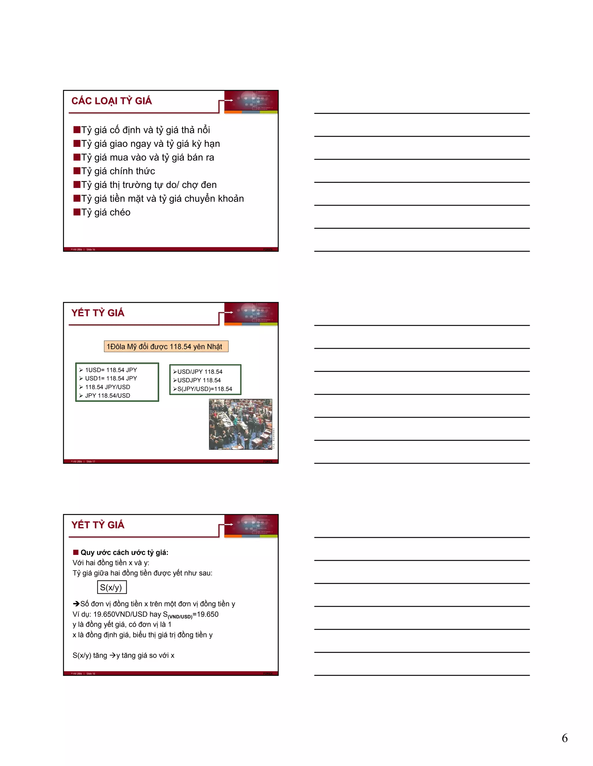6
© HV 2006 | Slide 16 FOREX
CCÁÁC LOC LOẠẠI TI TỶỶ GIGIÁÁ
Tỷ giá cố định và tỷ giá thả nổi
Tỷ giá giao ngay và tỷ giá kỳ hạn
Tỷ giá mua vào và tỷ giá bán ra
Tỷ giá chính thức
Tỷ giá thị trường tự do/ chợ đen
Tỷ giá tiền mặt và tỷ giá chuyển khoản
Tỷ giá chéo
© HV 2006 | Slide 17 FOREX
YYẾẾT TT TỶỶ GIGIÁÁ
1Đôla Mỹ đổi được 118.54 yên Nhật
1USD= 118.54 JPY
USD1= 118.54 JPY
118.54 JPY/USD
JPY 118.54/USD
USD/JPY 118.54
USDJPY 118.54
S(JPY/USD)=118.54
© HV 2006 | Slide 18 FOREX
YYẾẾT TT TỶỶ GIGIÁÁ
Quy ước cách ước tỷ giá:
Với hai đồng tiền x và y:
Tỷ giá giữa hai đồng tiền được yết như sau:
Số đơn vị đồng tiền x trên một đơn vị đồng tiền y
Ví dụ: 19.650VND/USD hay S(VND/USD)=19.650
y là đồng yết giá, có đơn vị là 1
x là đồng định giá, biểu thị giá trị đồng tiền y
S(x/y) tăng y tăng giá so với x
S(x/y)
 
