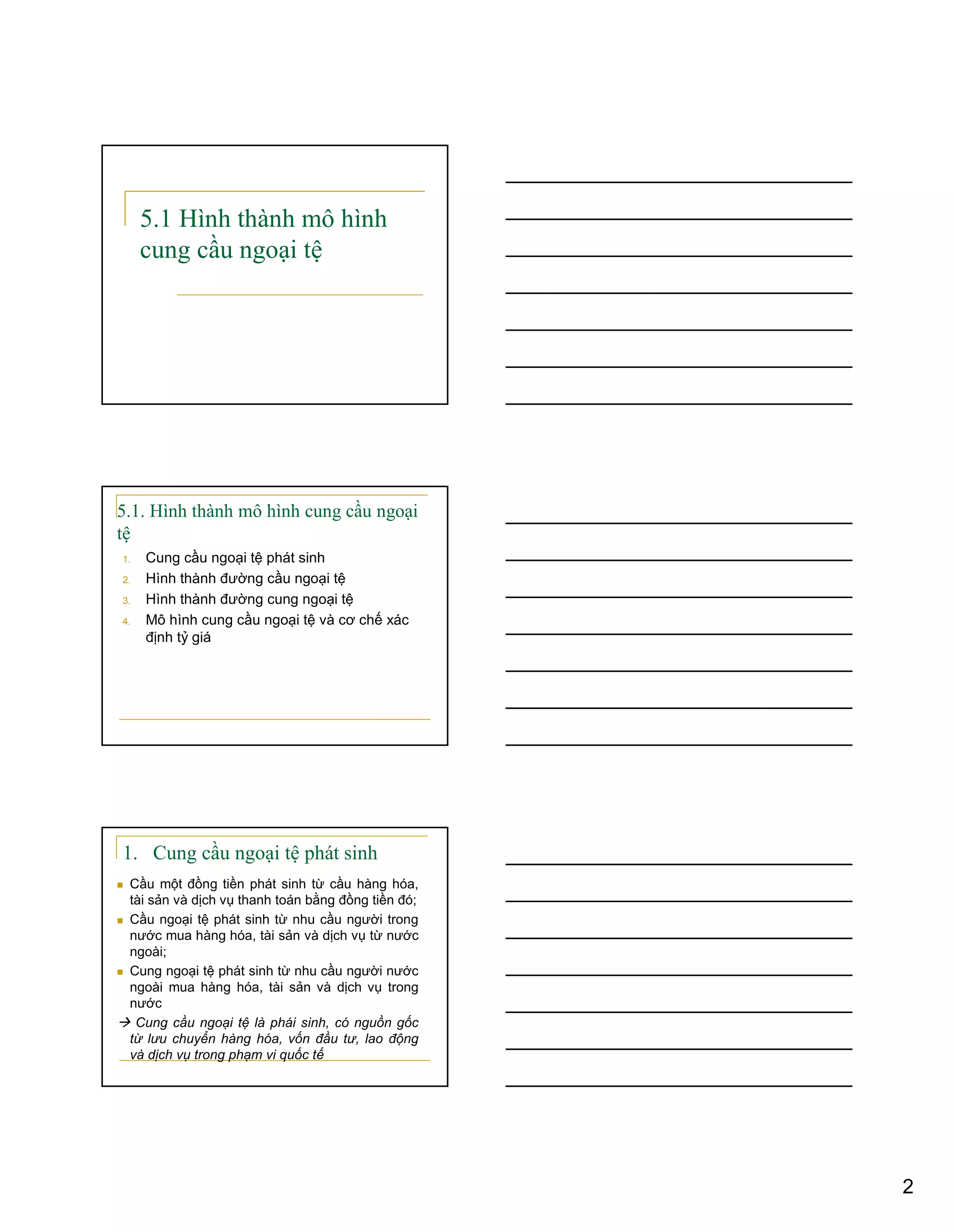 2
5.1 Hình thành mô hình
cung cầu ngoại tệ
5.1. Hình thành mô hình cung cầu ngoại
tệ
1. Cung cầu ngoại tệ phát sinh
2. Hình thành đường cầu ngoại tệ
3. Hình thành đường cung ngoại tệ
4. Mô hình cung cầu ngoại tệ và cơ chế xác
định tỷ giá
1. Cung cầu ngoại tệ phát sinh
Cầu một đồng tiền phát sinh từ cầu hàng hóa,
tài sản và dịch vụ thanh toán bằng đồng tiền đó;
Cầu ngoại tệ phát sinh từ nhu cầu người trong
nước mua hàng hóa, tài sản và dịch vụ từ nước
ngoài;
Cung ngoại tệ phát sinh từ nhu cầu người nước
ngoài mua hàng hóa, tài sản và dịch vụ trong
nước
Cung cầu ngoại tệ là phái sinh, có nguồn gốc
từ lưu chuyển hàng hóa, vốn đầu tư, lao động
và dịch vụ trong phạm vi quốc tế
 