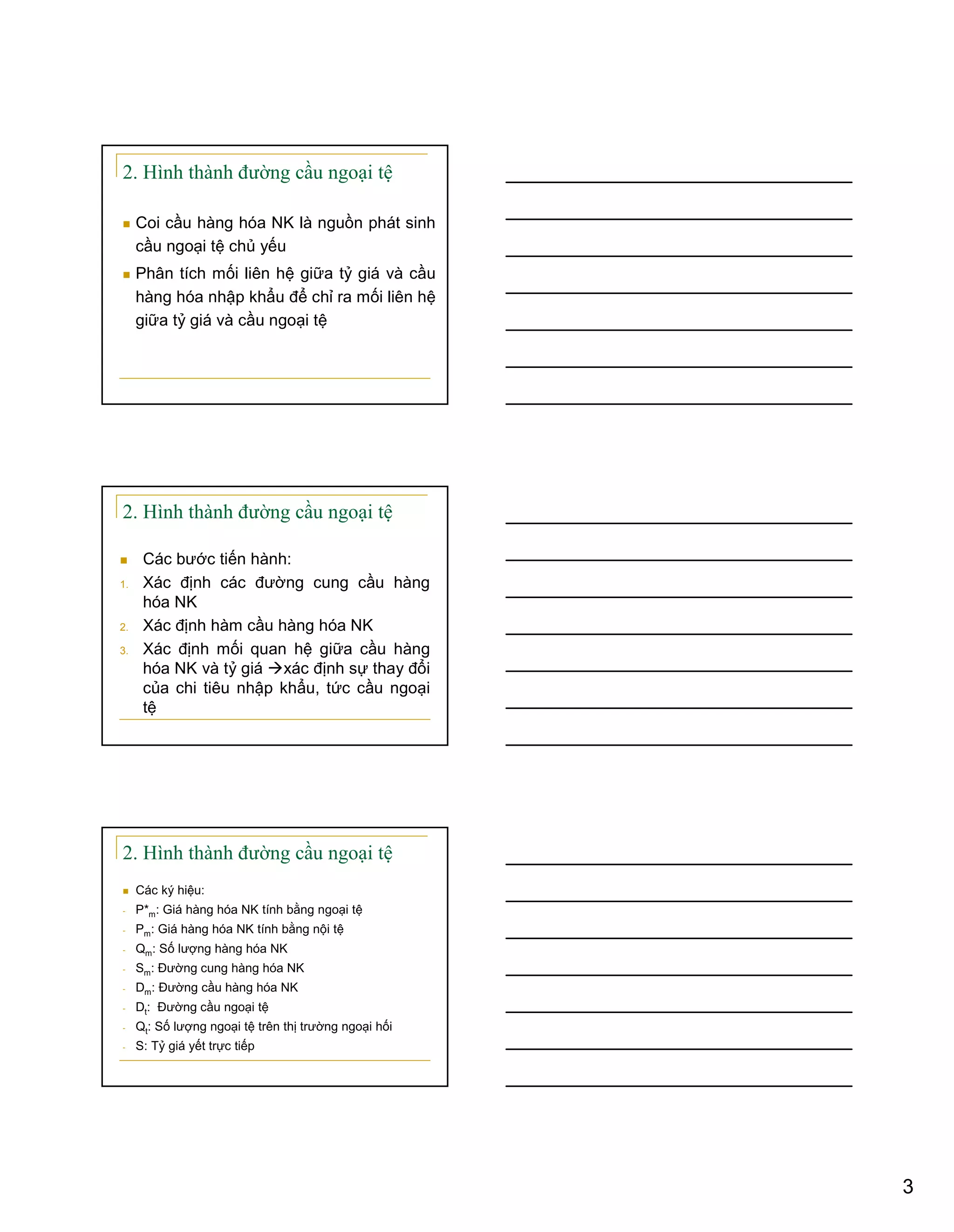 3
2. Hình thành đường cầu ngoại tệ
Coi cầu hàng hóa NK là nguồn phát sinh
cầu ngoại tệ chủ yếu
Phân tích mối liên hệ giữa tỷ giá và cầu
hàng hóa nhập khẩu để chỉ ra mối liên hệ
giữa tỷ giá và cầu ngoại tệ
2. Hình thành đường cầu ngoại tệ
Các bước tiến hành:
1. Xác định các đường cung cầu hàng
hóa NK
2. Xác định hàm cầu hàng hóa NK
3. Xác định mối quan hệ giữa cầu hàng
hóa NK và tỷ giá xác định sự thay đổi
của chi tiêu nhập khẩu, tức cầu ngoại
tệ
2. Hình thành đường cầu ngoại tệ
Các ký hiệu:
- P*m: Giá hàng hóa NK tính bằng ngoại tệ
- Pm: Giá hàng hóa NK tính bằng nội tệ
- Qm: Số lượng hàng hóa NK
- Sm: Đường cung hàng hóa NK
- Dm: Đường cầu hàng hóa NK
- Dt: Đường cầu ngoại tệ
- Qt: Số lượng ngoại tệ trên thị trường ngoại hối
- S: Tỷ giá yết trực tiếp
 