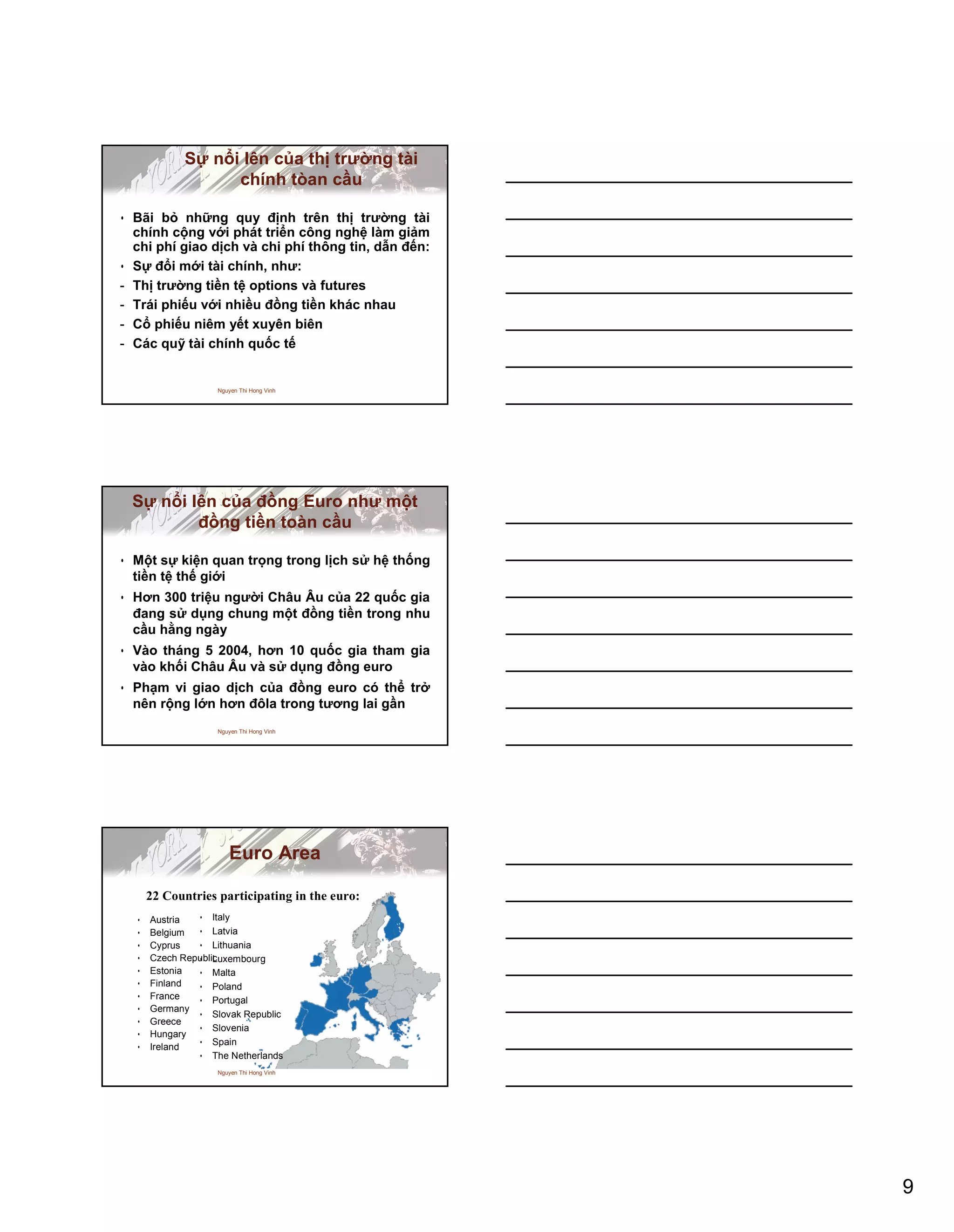 9
Nguyen Thi Hong Vinh
Sự nổi lên của thị trường tài
chính tòan cầu
• Bãi bỏ những quy định trên thị trường tài
chính cộng với phát triển công nghệ làm giảm
chi phí giao dịch và chi phí thông tin, dẫn đến:
• Sự đổi mới tài chính, như:
- Thị trường tiền tệ options và futures
- Trái phiếu với nhiều đồng tiền khác nhau
- Cổ phiếu niêm yết xuyên biên
- Các quỹ tài chính quốc tế
Nguyen Thi Hong Vinh
Sự nổi lên của đồng Euro như một
đồng tiền toàn cầu
• Một sự kiện quan trọng trong lịch sử hệ thống
tiền tệ thế giới
• Hơn 300 triệu người Châu Âu của 22 quốc gia
đang sử dụng chung một đồng tiền trong nhu
cầu hằng ngày
• Vào tháng 5 2004, hơn 10 quốc gia tham gia
vào khối Châu Âu và sử dụng đồng euro
• Phạm vi giao dịch của đồng euro có thể trở
nên rộng lớn hơn đôla trong tương lai gần
Nguyen Thi Hong Vinh
Euro Area
• Austria
• Belgium
• Cyprus
• Czech Republic
• Estonia
• Finland
• France
• Germany
• Greece
• Hungary
• Ireland
22 Countries participating in the euro:
• Italy
• Latvia
• Lithuania
• Luxembourg
• Malta
• Poland
• Portugal
• Slovak Republic
• Slovenia
• Spain
• The Netherlands
 