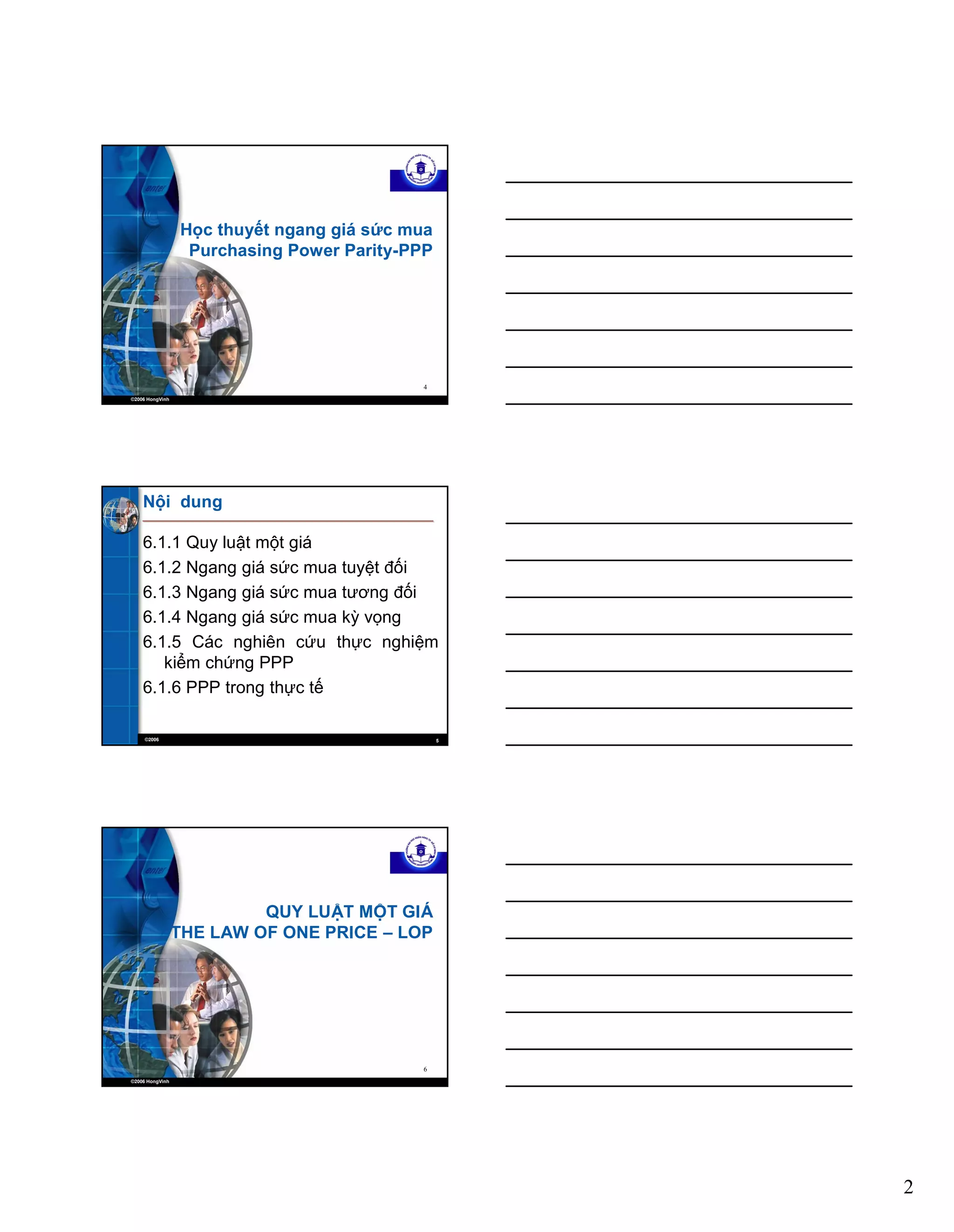 2
©2006 HongVinh
4
Học thuyết ngang giá sức mua
Purchasing Power Parity-PPP
©2006 5
Nội dung
6.1.1 Quy luật một giá
6.1.2 Ngang giá sức mua tuyệt đối
6.1.3 Ngang giá sức mua tương đối
6.1.4 Ngang giá sức mua kỳ vọng
6.1.5 Các nghiên cứu thực nghiệm
kiểm chứng PPP
6.1.6 PPP trong thực tế
©2006 HongVinh
6
QUY LUẬT MỘT GIÁ
THE LAW OF ONE PRICE – LOP
 