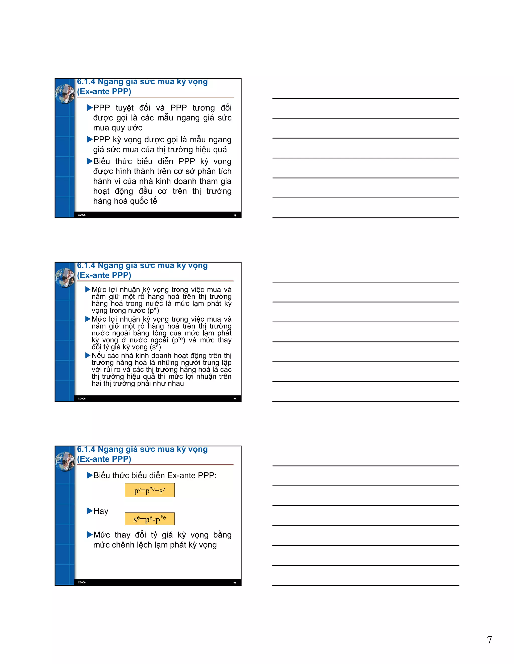 7
©2006 19
6.1.4 Ngang giá sức mua kỳ vọng
(Ex-ante PPP)
PPP tuyệt đối và PPP tương đối
được gọi là các mẫu ngang giá sức
mua quy ước
PPP kỳ vọng được gọi là mẫu ngang
giá sức mua của thị trường hiệu quả
Biểu thức biểu diễn PPP kỳ vọng
được hình thành trên cơ sở phân tích
hành vi của nhà kinh doanh tham gia
hoạt động đầu cơ trên thị trường
hàng hoá quốc tế
©2006 20
6.1.4 Ngang giá sức mua kỳ vọng
(Ex-ante PPP)
Mức lợi nhuận kỳ vọng trong việc mua và
nắm giữ một rổ hàng hoá trên thị trường
hàng hoá trong nước là mức lạm phát kỳ
vọng trong nước (p*)
Mức lợi nhuận kỳ vọng trong việc mua và
nắm giữ một rổ hàng hoá trên thị trường
nước ngoài bằng tổng của mức lạm phát
kỳ vọng ở nước ngoài (p*e) và mức thay
đổi tỷ giá kỳ vọng (se)
Nếu các nhà kinh doanh hoạt động trên thị
trường hàng hoá là những người trung lập
với rủi ro và các thị trường hàng hoá là các
thị trường hiệu quả thì mức lợi nhuận trên
hai thị trường phải như nhau
©2006 21
6.1.4 Ngang giá sức mua kỳ vọng
(Ex-ante PPP)
Biểu thức biểu diễn Ex-ante PPP:
Hay
Mức thay đổi tỷ giá kỳ vọng bằng
mức chênh lệch lạm phát kỳ vọng
pe=p*e+se
se=pe-p*e
 