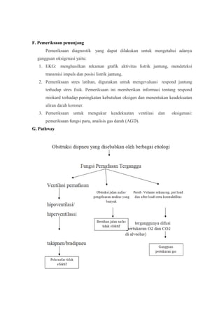 F. Pemeriksaan penunjang
Pemeriksaan diagnostik yang dapat dilakukan untuk mengetahui adanya
gangguan oksigenasi yaitu:
1. EKG: menghasilkan rekaman grafik aktivitas listrik jantung, mendeteksi
transmisi impuls dan posisi listrik jantung.
2. Pemeriksaan stres latihan, digunakan untuk mengevaluasi respond jantung
terhadap stres fisik. Pemeriksaan ini memberikan informasi tentang respond
miokard terhadap peningkatan kebutuhan oksigen dan menentukan keadekuatan
aliran darah koroner.
3. Pemeriksaan untuk mengukur keadekuatan ventilasi dan oksigenasi:
pemeriksaan fungsi paru, analisis gas darah (AGD).
G. Pathway
 