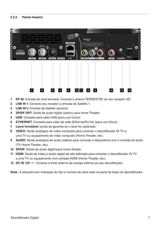 2.2.3	   Painel traseiro




                                                                                                         BR A Z IL
               1        2     3    4      5     6   7   8    9          10      11    12



1		 RF IN: Entrada de sinal terrestre. Conecta a antena TERRESTRE ao seu receptor HD.
2		 LNB IN 1: Conecta seu receptor a entrada de Satélite 1.
3		 LNB IN 2: Entrada de Satélite opcional.
4		 SPDIF OPT: Saida de audio digital (óptico) para home Theater.
5	 	 USB: Conexão para cabo USB (para uso futuro).
6		 ETHERNET: Conexão para cabo de rede (Ethernet/RJ-45) (para uso futuro).
7		 Lacre Inviolável: perda de garantia se o lacre for quebrado.
8		 VIDEO: Saída analógica de vídeo composto para conectar o decodificador Oi TV a 			
		 uma TV ou equipamento de vídeo composto (Home Theater, etc).
9		 AUDIO: Saída analógica de áudio estéreo para conectar a dispositivos com a entrada de áudio 		
		 (TV, Home Theater, etc).
10	SPDIF: Saída de áudio digital para home theater.
11		 HDMI: Saída de vídeo e áudio digital de alta definição para conectar o decodificador Oi TV
		 a uma TV ou equipamento com entrada HDMI (Home Theater, etc).
12	 DC IN 12V : Conecta a fonte externa de energia elétrica ao seu decodificador.


Nota: A etiqueta com indicação do tipo e número de série esta na parte de baixo do decodificador.




Decodificador Digital                                                                                7
 