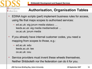 Authorisation, Organisation Tables EDINA login scripts (perl) implement business rules for access, using file that maps scopes to authorised services: ed.ac.uk: eig jorum media statacc … leeds.ac.uk: eig media mediamedical … ox.ac.uk: jorum media If you already have internal customer codes, you need a mapping from scopes to those, e.g.: ed.ac.uk: edu leeds.ac.uk: lee ox.ac.uk: oxu Service providers must invent these wheels themselves. Neither Shibboleth nor the federation can do it for you. 