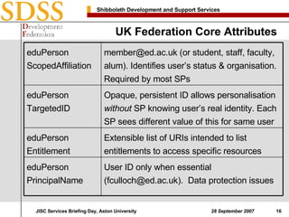 UK Federation Core Attributes User ID only when essential (fculloch@ed.ac.uk).  Data protection issues eduPerson PrincipalName Extensible list of URIs intended to list entitlements to access specific resources eduPerson Entitlement Opaque, persistent ID allows personalisation  without  SP knowing user’s real identity. Each SP sees different value of this for same user eduPerson TargetedID member@ed.ac.uk (or student, staff, faculty, alum). Identifies user’s status & organisation. Required by most SPs eduPerson ScopedAffiliation 