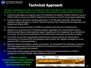 27
Technical Approach
The team: Amanda Bozovich (JPL), Dr. Alireza Azizi (JPL), Chuck Barnes (JPL), Cheryl Asbury (JPL),
Greg Allen (JPL), Sergeh Vartanian (JPL), Professor Jonathan Klamkin (UCSB), Sergio Pina (UCSB)
1) UCSB has fabricated and designed custom PIC pathfinder and testbed. Professor Klamkin’s group is
NASA-funded to produce low-SWaP integrated micro-photonic circuits for space-based applications.
2) Evaluate radiation hardness of baseline (generation 1), InP PIC laser transmitter. Will examine
radiation-induced damage as a result of Total Ionizing Dose (TID), Displacement Damage (DD), and
Single Event Effects (SEE).
3) Sample test structures provided by UCSB and evaluated at discrete and integrated levels.
4) Objective is to quantify amount of expected radiation degradation (for a typical NASA mission),
identify potential failure modes/sensitive regions/materials within the integrated chip, and determine
root cause. This will include quantification of key performance parameters impacted by radiation.
5) From there, we will work to standardize analytical tools and test protocols for defining failure
mechanisms in commercial PIC technologies as well as define risk mitigation strategies for use of
advanced PICs in space applications.
6) Based on results of simulations, testing, and analysis, we will establish PIC qualification guidelines.
We will leverage existing Telcordia standards for discrete photonic components and the body of
knowledge for individual chip materials.
7) Future work: perform design iterations based on findings and provide feedback to UCSB for
development of a highly reliable, flight-qualifiable custom PILT.
FY20 focus: radiation
characterization of indium phosphide
(InP)- based photonic integrated
laser transmitter from UCSB
 