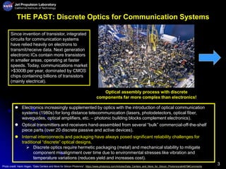 3
THE PAST: Discrete Optics for Communication Systems
Photo credit: Hank Hogan, “Data Centers and More for Silicon Photonics”, https://www.photonics.com/Articles/Data_Centers_and_More_for_Silicon_Photonics/a64879#Comments
 Electronics increasingly supplemented by optics with the introduction of optical communication
systems (1980s) for long distance telecommunication (lasers, photodetectors, optical fiber,
waveguides, optical amplifiers, etc. – photonic building blocks complement electronics).
 Optical transmitters and receivers hand-assembled from several “bulk” commercial-off-the-shelf
piece parts (over 20 discrete passive and active devices).
 Internal interconnects and packaging have always posed significant reliability challenges for
traditional “discrete” optical designs.
 Discrete optics require hermetic packaging (metal) and mechanical stability to mitigate
component misalignment over time due to environmental stresses like vibration and
temperature variations (reduces yield and increases cost).
Since invention of transistor, integrated
circuits for communication systems
have relied heavily on electrons to
transmit/receive data. Next generation
electronic ICs contain more transistors
in smaller areas, operating at faster
speeds. Today, communications market
>$300B per year, dominated by CMOS
chips containing billions of transistors
(mainly electrical).
Optical assembly process with discrete
components far more complex than electronics!
 