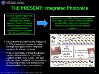 4
THE PRESENT: Integrated Photonics
Containing over 100s of optical components
on a single Tx or Rx chip, photonic integrated
circuits (PICs) offer more functionality,
reliability, and scalability than discrete
systems.
• Monolithic InP-based PICs (first introduced
in 2004) established commercial viability
for large-scale production of integrated
photonics for telecom networks.
• PICs are technology of present and future
for data centers and cloud computing,
enabling simpler, more reliable, and cost
effective higher bandwidth communications
(overcoming limitations of discrete optical
designs and electronic comm systems).
Photo Credit: Erik Pennings, “PIC Component Tutorial”, 7Pennies PIC training, Dec 2019
Discrete optical components
not easily scaled and
integrated into complex
systems. Growth of network
interconnects to meet data
demand slowed by
implementation of complex
discrete optical designs.
 