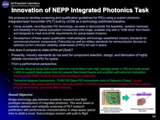 54
Innovation of NEPP Integrated Photonics Task
We propose to develop screening and qualification guidelines for PICs using a custom photonic-
integrated laser transmitter (PILT) built by UCSB as a technology pathfinder/baseline.
 Using versatile, reconfigurable PIC technology, we seek to demonstrate the feasibility, radiation hardness
and reliability of an optical subsystem miniaturized onto single, scalable chip with a “USB drive” form factor
and designed to meet end-of-life requirements for space-based missions.
 Development of these space qualification methodologies will leverage established industry standards for
commercial photonic components (Telcordia) as well as military standards for semiconductor devices to
address current unknown reliability weaknesses of PICs for use in space.
How does it compare to state-of-the-art (SoA)?
• Presently, industry standards do not exist for component selection, design, and fabrication of highly
reliable commercial PIC for space.
• From a performance perspective:
– Discrete designs using SoA space lasercom transmitters have high average power (>1W) and peak power
(~kW) to support deep-space links but require fiber-based lasers and amplifier with external modulation.
Issues: Large SWaP footprint due to fiber packaging constraints.
– Terrestrial datacom transceivers: 10/40/100 Gpbs PIC transceivers exist in Datacom (Cisco). Issues:
Incompatible with space applications; low output power (<10mW) and coherent modulation formats suitable
only for short-reach, low-noise fiber networks.
Overall Objective:
Bridge technology gap between academic research and flight
prototype development of integrated photonics. This work seeks to
combine radiation and reliability screening of PILT research
pathfinders with performance characterization in deep-space optical
links to distill a novel, final prototype solution with path to flight.
 