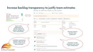 Increase backlog transparency to justify team estimates
Much of the
collaboration is
already happening
without infringing on
time commitments. Planning sessions
become more
productive!
Auditable requirements
making it easy for the
team to commit story
point estimates.
Facilitates remote,
distributed, and virtual
team collaboration.
 