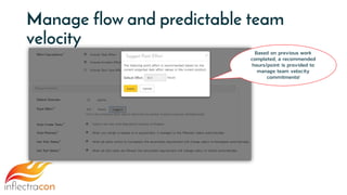 Manage flow and predictable team
velocity
Based on previous work
completed, a recommended
hours/point is provided to
manage team velocity
commitments!
 