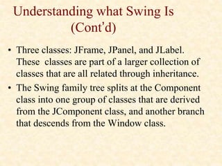 Understanding what Swing Is
(Cont’d)
• Three classes: JFrame, JPanel, and JLabel.
These classes are part of a larger collection of
classes that are all related through inheritance.
• The Swing family tree splits at the Component
class into one group of classes that are derived
from the JComponent class, and another branch
that descends from the Window class.
 