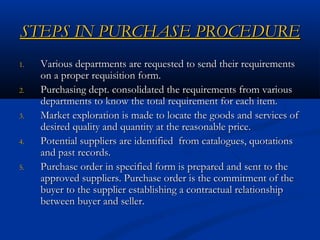 STEPS IN PURCHASE PROCEDURESTEPS IN PURCHASE PROCEDURE
1.1. Various departments are requested to send their requirementsVarious departments are requested to send their requirements
on a proper requisition form.on a proper requisition form.
2.2. Purchasing dept. consolidated the requirements from variousPurchasing dept. consolidated the requirements from various
departments to know the total requirement for each item.departments to know the total requirement for each item.
3.3. Market exploration is made to locate the goods and services ofMarket exploration is made to locate the goods and services of
desired quality and quantity at the reasonable price.desired quality and quantity at the reasonable price.
4.4. Potential suppliers are identified from catalogues, quotationsPotential suppliers are identified from catalogues, quotations
and past records.and past records.
5.5. Purchase order in specified form is prepared and sent to thePurchase order in specified form is prepared and sent to the
approved suppliers. Purchase order is the commitment of theapproved suppliers. Purchase order is the commitment of the
buyer to the supplier establishing a contractual relationshipbuyer to the supplier establishing a contractual relationship
between buyer and seller.between buyer and seller.
 