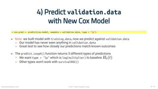 ▸
▹
▹
▸
▹
▹
4) Predict validation.data
with New Cox Model
> cox.pred <- predict(cox.model, newdata = validation.data, type...