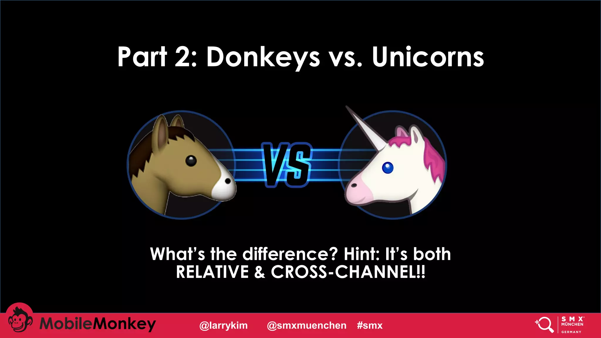 #CMCa2z @larrykim
Part 2: Donkeys vs. Unicorns
What’s the difference? Hint: It’s both
RELATIVE & CROSS-CHANNEL!!
@larrykim @smxmuenchen #smx
 