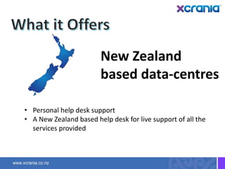 New Zealand
based data-centres
• Personal help desk support
• A New Zealand based help desk for live support of all the
services provided