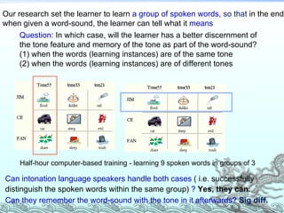 Can intonation language speakers handle both cases  ( i.e. successfully distinguish the spoken words within the same group)  ?   Yes, they can. Can they remember the word-sound with the tone in it afterwards?  Sig diff .  Question:  In which case, will the learner has a better discernment of  the tone feature and memory of the tone as part of the word-sound?  (1) when the words (learning instances) are of the same tone (2) when the words (learning instances) are of different tones  Our research set the learner to learn  a group of spoken words,  so that  in the end,  when given a word-sound, the learner can tell what it  means Half-hour computer-based training - learning 9 spoken words in groups of 3 