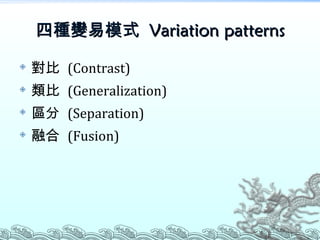 四種變易模式  Variation patterns 對比  (Contrast) 類比  (Generalization) 區分  (Separation) 融合  (Fusion) 