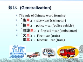 類比  (Generalization) The rule of Chinese word forming 「跑 車 」 : race + car (racing car) 「警 車 」 : police + car (police vehicle) 「救護 車 」 :  first aid + car (ambulance)   「火 車 」 :  Fire + car (train) 「電 車 」 :  Electric + car (tram) 