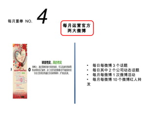 每月重拳 NO.   4   每月运营官方
                两大微博




                    •   每日每微博 3 个话题
                    •   每日其中 2 个公司动态话题
                    •   每月每微博 1 次微博活动
                    •   每月每微博 10 个微博红人转
                    发
 