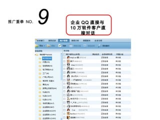 推广重拳 NO.   9   企业 QQ 直接与
               10 万软件客户直
                   接对话
 