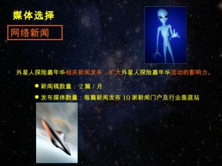媒体选择
网络新闻


外星人探险嘉年华相关新闻发布，扩大外星人探险嘉年华活动的影响力。

  新闻稿数量： 2 篇 / 月
  发布媒体数量：每篇新闻发布 10 家新闻门户及行业垂直站
 