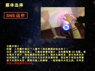 媒体选择

SNS 运作




主题示例 2 ：
标题：工作繁忙错过了儿童节？现在赎罪的机会来了！
诉求：孩子喜欢外星人，只能在家看动画片，去电影院看 3D 电影。家
长愧对于孩子，现在赎罪的机会来了。国庆长假将至，家长有更多的
时间陪孩子，由于孩子对外太空世界 充满好奇，现在终于有机会带着
孩子去到外太空，探索外星人的 奥秘，一起体验外太空之旅。引 导至
外星人探秘嘉年华活动。
 