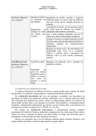 Direito Comercial
MARCELO T. COMETTI

(Ineficácia Objetiva)
Art. 129 da LF

alegada em defesa, pagamento de dívidas vencidas e exigíveis
ou pleiteada em realizado dentro do termo legal da falência,
ação própria
mas por forma diversa daquela prevista no
contrato.
constituição de direito real de garantia dentro
Independem
da do termo legal da falência, em relação à
intenção do falido obrigação anteriormente constituída
em fraudar seus atos a título gratuito praticados em até 02
credores
(dois) anos antes da decretação da falência
renúncia a herança ou legado praticada em até
02 (dois) anos antes da decretação da falência
alienação irregular do estabelecimento
empresarial
Registro de direito reais e de transferência de
propriedade entre vivos, ou a averbação
relativa a imóveis após a decretação da
falência, salvo se tiver havido prenotação
anterior

ATOS REVOGÁVEIS
(Ineficácia Subjetiva)
Art. 130 da LF

Ação Revocatória

Qualquer ato praticado com a intenção de
prejudicar credores

Dependem
da
prova do conluio
fraudulento entre o
falido e o terceiro,
bem como do
prejuízo à massa
falida
1.4.5 QUANTO AOS CONTRATOS DO FALIDO
A sentença declaratória da falência irá alterar o regime jurídico dos contratos do falido
que passarão a se submeter a regras próprias e específicas do direito falimentar.
Os CONTRATOS BILATERAIS não são, em princípio, rescindidos em decorrência da
decretação da falência do empresário devedor. Entretanto, caso o contrato ainda não tenha
sido executado por nenhuma das partes, caberá ao administrador judicial, no interesse da
massa falida, decidir sobre a sua execução ou rescisão. Nessa hipótese, o contratante poderá
interpelar o administrador judicial para que declare, em até 10 (dez) dias, se há interesse em
executar ou rescindir o contrato (Lei 11.101/05, art. 117, §1º).
Em relação aos CONTRATOS UNILATERAIS, o administrador judicial, mediante
autorização do Comitê de Credores, poderá dar cumprimento a eles, desde que tal fato venha a
reduzir ou evitar o aumento do passivo da massa falida, ou ainda, seja necessário para a
manutenção ou preservação dos bens integrantes da massa.
Observa-se, entretanto, que a Lei de Falências submete alguns contratos bilaterais a um
regime jurídico específico, conforme apresentado no quadro abaixo:

- 80 -

 