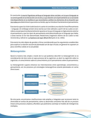 26 Módulo Desarrollo de Procesos Cognitivos
En conclusión, la teoría Vigoskiana atribuye al lenguaje raíces sociales, en la que el lenguaje se
va construyendo en la interacción con el otro y cuya relación con el pensamiento se va tornando
interdependiente en la medida en que necesitamos cambiar los elementos de la situación que
nosrodeaparadeterminarloqueestáocurriendo,aquíseintroducefuertementeelpensamiento.
Esta teoría supera la visión tradicional en cuanto no considera una relación lineal Pensamiento
– Lenguaje; sin embargo existen otras teorías aun más radicales a partir de las cuales se con-
sidera una perspectiva diametralmente opuesta en la que el lenguaje es lógicamente anterior
al pensamiento y que los tipos de pensamiento está determinado por el lenguaje que habla,
a estas teorías se les han denominado: Relativismo Lingüístico dentro de las cuales la más
reconocida y radical es: La hipótesis de Sapir Whorf (Banyard, et al, 1995).
Esta teoría ha sido objeto de grandes críticas considerando que los argumentos establecidos
para explicar la relación secuencial planteada son de tipo circular, en general no suponen un
peso científico valido en la actualidad.
Metacognición
Quizá la manera más simple a través de la cual podemos describir la metacognición es la
consideración de ésta como el supra proceso de la cognicion, es decir la cognición sobre la
cognición, el conocimiento sobre el conocimiento y/o el pensamiento sobre el pensamiento.
La metacognición supone entonces las interrelaciones entre aprendizaje, conocimiento y
pensamiento, así, los procesos y/o estrategias metacognitivas estarán planteados en varias
direcciones:
APRENDIZAJE
CONOCIMIENTO
PENSAMIENTO
APRENDIZAJE Y C
ONOCIMIENTO
APRENDIZAJE Y
PENSAMIENTO
CONOCIMIENTO Y
PENSAMIENTO
De otra parte, encontramos clasificaciones más amplias e integrales que reconocen tanto la
diversidad en estilos de pensamiento, cómo su desarrollo constante más allá de un proceso
lineal como procesos amplios y flexibles que podríamos asemejar al modelo de inteligencias
múltiples.
 