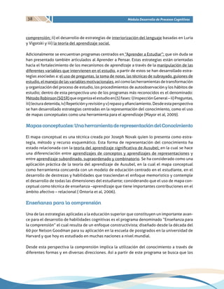 38 Módulo Desarrollo de Procesos Cognitivos
comprensión; ii) el desarrollo de estrategias de interiorización del lenguaje basadas en Luria
y Vigotski y iii) la teoría del aprendizaje social.
Adicionalmente se encuentran programas centrados en “Aprender a Estudiar”; que sin duda se
han presentado también articulados al Aprender a Pensar. Estas estrategias están orientadas
hacia el fortalecimiento de los mecanismos de aprendizaje a través de la manipulación de las
diferentes variables que intervienen en el estudio, a partir de estos se han desarrollado estra-
tegias asociadas a: el uso de preguntas, la toma de notas, las técnicas de subrayado, guiones de
estudio,elmanejodelasvariablesmotivacionales,asícomolasherramientasdetransformación
y organización del proceso de estudio, los procedimientos de autoobservación y los hábitos de
estudio; dentro de esta perspectiva uno de los programas más reconocidos es el denominado:
MétodoRobinson(SQ3R)queorganizaelestudioen(5)fases:i)InspecciónGeneral–ii)Preguntas,
iii)lecturadetenida,iv)Repeticiónyrevisiónyv)repasoyafianciamiento. Desdeestaperspectiva
se han desarrollado estrategias centradas en la representación del conocimiento, como el uso
de mapas conceptuales como una herramienta para el aprendizaje (Mayor et al, 2009).
Mapasconceptuales:UnaherramientaderepresentacióndelConocimiento
El mapa conceptual es una técnica creada por Joseph Novak quien lo presenta como estra-
tegia, método y recurso esquemático. Esta forma de representación del conocimiento ha
estado relacionada con la teoría del aprendizaje significativa de Ausubel; en la cual se hace
una diferenciación entre aprendizajes de conceptos y aprendizajes de representaciones y
entre aprendizaje subordinado, supraordenado y combinatorio. Se ha considerado como una
aplicación práctica de la teoría del aprendizaje de Ausubel, en la cual el mapa conceptual
como herramienta concuerda con un modelo de educación centrado en el estudiante, en el
desarrollo de destrezas y habilidades que trasciendan el enfoque memorístico y contemple
el desarrollo de todas las dimensiones del estudiante; considerando que el uso de mapa con-
ceptual como técnica de enseñanza –aprendizaje que tiene importantes contribuciones en el
ámbito afectivo – relacional ( Ontoria et al, 2006).
Enseñanza para la comprensión
Una de las estrategias aplicadas a la educación superior que constituyen un importante avan-
ce para el desarrollo de habilidades cognitivas es el programa denominado “Enseñanza para
la comprensión” el cual resulta de un enfoque constructivista; diseñado desde la década del
60 por Nelson Goodman para su aplicación en la escuela de postgrados en la universidad de
Harvard y que hoy es estudiado en muchas naciones a nivel mundial.
Desde esta perspectiva la comprensión implica la utilización del conocimiento a través de
diferentes formas y en diversas direcciones. Así a partir de este programa se busca que los
 