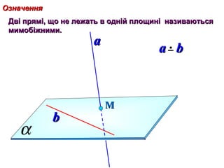 Означення
Дві прямі, що не лежать в одній площині називаються
мимобіжними.

a

α

b

a b

М

 