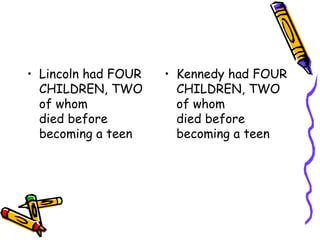 • Lincoln had FOUR   • Kennedy had FOUR
  CHILDREN, TWO        CHILDREN, TWO
  of whom              of whom
  died before          died before
  becoming a teen      becoming a teen
 