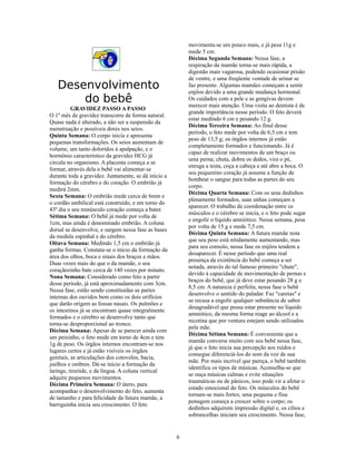 movimenta-se um pouco mais, e já pesa 11g e
                                                          mede 5 cm.
                                                          Décima Segunda Semana: Nessa fase, a
                                                          respiração da mamãe torna-se mais rápida, a
                                                          digestão mais vagarosa, podendo ocasionar prisão
                                                          de ventre, e uma freqüente vontade de urinar se
   Desenvolvimento                                        faz presente. Algumas mamães começam a sentir
                                                          enjôos devido a uma grande mudança hormonal.
       do bebê                                            Os cuidados com a pele e as gengivas devem
                                                          merecer mais atenção. Uma visita ao dentista é de
          GRAVIDEZ PASSO A PASSO
                                                          grande importância nesse período. O feto deverá
O 1º mês de gravidez transcorre de forma natural.
                                                          estar medindo 6 cm e pesando 12 g.
Quase nada é alterado, a não ser a suspensão da
                                                          Décima Terceira Semana: Ao final desse
menstruação e possíveis dores nos seios.
                                                          período, o feto mede por volta de 6,5 cm e tem
Quinta Semana: O corpo inicia e apresenta
                                                          peso de 13,5 g; os órgãos internos já estão
pequenas transformações. Os seios aumentam de
                                                          completamente formados e funcionando. Já é
volume, um tanto doloridos à apalpação, e o
                                                          capaz de realizar movimentos de um braço ou
hormônio característico da gravidez HCG já
                                                          uma perna; chuta, dobra os dedos, vira o pé,
circula no organismo. A placenta começa a se
                                                          enruga a testa, coça a cabeça e até abre a boca. O
formar, através dela o bebê vai alimentar-se
                                                          seu pequenino coração já assume a função de
durante toda a gravidez. Juntamente, se dá início a
                                                          bombear o sangue para todas as partes do seu
formação do cérebro e do coração. O embrião já
                                                          corpo.
medirá 2mm.
                                                          Décima Quarta Semana: Com os seus dedinhos
Sexta Semana: O embrião mede cerca de 6mm e
                                                          plenamente formados, suas unhas começam a
o cordão umbilical está construído, e em torno do
                                                          aparecer. O trabalho de coordenação entre os
43º dia o seu minúsculo coração começa a bater.
                                                          músculos e o cérebro se inicia, e o feto pode sugar
Sétima Semana: O bebê já mede por volta de
                                                          e engolir o líquido amniótico. Nessa semana, pesa
1cm, mas ainda é denominado embrião. A coluna
                                                          por volta de 15 g e mede 7,5 cm.
dorsal se desenvolve, e surgem nessa fase as bases
                                                          Décima Quinta Semana: A futura mamãe nota
da medula espinhal e do cérebro.
                                                          que seu peso está nitidamente aumentando, mas
Oitava Semana: Medindo 1,5 cm o embrião já
                                                          para seu consolo, nessa fase os enjôos tendem a
ganha formas. Constata-se o início da formação da
                                                          desaparecer. É nesse período que uma real
área dos olhos, boca e sinais dos braços e mãos.
                                                          presença da existência do bebê começa a ser
Duas vezes mais do que o da mamãe, o seu
                                                          notada, através do tal famoso primeiro "chute",
coraçãozinho bate cerca de 140 vezes por minuto.
                                                          devido à capacidade de movimentação de pernas e
Nona Semana: Considerado como feto a partir
                                                          braços do bebê, que já deve estar pesando 28 g e
desse período, já está aproximadamente com 3cm.
                                                          8,5 cm. A natureza é perfeita, nessa fase o bebê
Nessa fase, estão sendo constituídas as partes
                                                          desenvolve o sentido do paladar. Faz "caretas" e
internas dos ouvidos bem como os dois orifícios
                                                          se recusa a engolir qualquer substância de sabor
que darão origem as fossas nasais. Os pulmões e
                                                          desagradável que possa estar presente no líquido
os intestinos já se encontram quase integralmente
                                                          amniótico, da mesma forma reage ao álcool e a
formados e o cérebro se desenvolve tanto que
                                                          nicotina que por ventura estejam sendo utilizados
torna-se desproporcional ao tronco.
                                                          pela mãe.
Décima Semana: Apesar de se parecer ainda com
                                                          Décima Sétima Semana: É conveniente que a
um peixinho, o feto mede em torno de 4cm e tem
                                                          mamãe converse muito com seu bebê nessa fase,
1g de peso. Os órgãos internos encontram-se nos
                                                          já que o feto inicia sua percepção aos ruídos e
lugares certos e já estão visíveis os órgãos
                                                          consegue diferenciá-los do som da voz de sua
genitais, as articulações dos cotovelos, bacia,
                                                          mãe. Por mais incrível que pareça, o bebê também
joelhos e ombros. Dá-se início a formação da
                                                          identifica os tipos de músicas. Aconselha-se que
laringe, tireóide, e da língua. A coluna vertical
                                                          se ouça músicas calmas e evite situações
adquire pequenos movimentos.
                                                          traumáticas ou de pânicos, isso pode vir a afetar o
Décima Primeira Semana: O útero, para
                                                          estado emocional do feto. Os músculos do bebê
acompanhar o desenvolvimento do feto, aumenta
                                                          tornam-se mais fortes; uma pequena e fina
de tamanho e para felicidade da futura mamãe, a
                                                          penugem começa a crescer sobre o corpo; os
barriguinha inicia seu crescimento. O feto
                                                          dedinhos adquirem impressão digital e, os cílios e
                                                          sobrancelhas iniciam seu crescimento. Nessa fase,


                                                      6
 