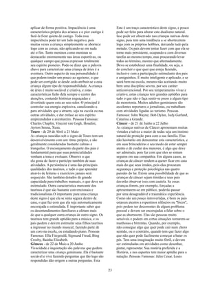 aplicar de forma positiva. Impaciência é uma                 Este é um traço caracteristico deste signo, e pouco
característica própria dos arianos e o pior castigo é        pode ser feito para alterar este dualismo natural.
fazê-la ficar quieta de castigo. Toda essa                   Isso pode ser observado nas crianças nativas deste
impaciência pode ter um lado negativo, pois                  signo, pois tem uma tendência a se aborrecerem
muitas vezes a criança simplesmente se aborrece              logo com os próprios hobbies, deixando tudo pela
logo com as coisas, não aplicando-se em nada                 metade. Os pais devem tentar fazer com que ela se
até o fim. Tanto meninos como meninas se                     torne mais persistente, ocupando-a com diversas
destacarão enormemente nas áreas esportivas, ou              tarefas ao mesmo tempo, mas procurando levar
qualquer campo que possa expressar totalmente                todas ao término, mesmo que alternadamente.
seu espírito pioneiro. Pode-se dizer que a palavra           Deve-se estabelecer uma finalidade, ou seja, a
chave para caracterizar uma criança de áries é a             de concluir o que quer que esteja fazendo,
aventura. Outro aspecto de sua personalidade é               inclusive com a participação estimulante dos pais
que podem tender um pouco ao egoísmo, o que                  e amiguinhos. É muito inteligente e aplicado, e se
pode ser corrigido se desde cedo atribuir-se a esta          sairá bem na escola, mesmo não aceitando muito
criança algum tipo de responsabilidade. A criança            bem uma disciplina severa, por seu caráter
de áries é muito sociável e criativa, e estas                anticonvencional. Por seu temperamento vivaz e
características farão dela sempre o centro das               criativo, estas crianças tem grandes aptidões para
atenções, contando histórias engraçadas e                    tudo o que não o faça sentir-se preso a algum tipo
divertindo quem esta ao seu redor. O principal é             de monotonia. Muitos adultos geminianos são
controlar sua energia explosiva, canalizando-a               escelentes reporteres e jornalistas, ou trabalham
para atividades que a atraem, seja na escola ou nas          com atividades ligadas ao turismo. Pessoas
outras atividades, e dar enfase ao seu espírito              Famosas: John Wayne, Bob Dylan, Judy Garland,
empreendedor e aventureiro. Pessoas Famosas:                 Catarina a Grande.
Charles Chaplin, Vincent van Gogh, Houdini,                  Câncer - de 21 de Junho a 22 Julho
Ayrton Senna, Xuxa.                                          As crianças nativas de Câncer apresentam muitas
Touro - de 20 de Abril a 21 Maio                             virtudes e talvez a maior de todas seja um instinto
As crianças nascidas sob o signo de Touro tem um             natural de proteção para com a sua família. Elas
desenvolvimento com um ritmo próprio, e são                  não hesitarão em demonstrar esta característica, e
geralmente consideradas bastante calmas e                    em suas brincadeiras e seu modo de estar sempre
tranquilas. O encorajamento da parte dos pais é              atento e de cuidar dos menores, é algo que deve
fundamental para que suas potencialidades                    ser admirado, pois faz com que eles se sintam
venham a tona e evoluam. Observe o que                       seguros em sua companhia. Em alguns casos, as
ela gosta de fazer e participe também de suas                crianças de câncer tendem a querer ficar em casa
atividades. A persistência é uma das principais              mais do que seus irmãos, pois elas procuram
qualidades dos taurinos, e tudo o que aprender               segurança e proteção psicológica nas quatro
através de leituras e exercícios jamais será                 paredes do lar. Existe uma possibilidade de que as
esquecido. São também dotados de grande                      crianças de câncer sejam tímidas e seus pais
capacidade para trabalhos manuais, o que deve ser            deverão observar isso com cautela. Se essas
estimulado. Outra caracteristica marcante dos                crianças forem, por exemplo, forçadas a
taurinos é que são bastante convencionais e                  apresentarem-se em público, poderão passar
tradicionalistas.O importante para uma criança               por uma desagradável e traumática experiência.
deste signo é que ela se sinta segura dentro de              Como são um pouco introvertidas, é bom os pais
casa, o que faz com que ela seja automaticamente             estarem atentos a repentinos silêncios ou "bicos",
encorajada e estimulada. É importante saber que              pois podem ser decorrentes de algum problema
os desentendimentos familiares a afetam mais                 pessoal e devem ser encorajadas a falar sobre o
do que a qualquer outra criança de outro signo. Os           que as aborrecem. Elas são pessoas muito
taurinos tem grande aptidão para a música, e os              sensíveis e podem em certas situações tornarem-se
pais podem e devem estimular seus filhos taurinos            manhosas e birrentas. Quando, por exemplo,
a ingressar no mundo musical, fazendo parte de               não consegue algo que quer pode cair num choro
um coro na escola, ou estudando piano. Pessoas               sentido, ou o contrário, quando tem que fazer algo
Famosas: Ella Fitzgerald, Sigmund Freud, Bing                que não quer pode facilmente começar a bater os
Crosby, Rainha Elizabeth.                                    pés. Tem uma imaginação muito fértil, e devem
Gêmeos - de 22 de Maio a 20 Junho                            ser estimuladas em atividades como desenhar,
Vivacidade e inquietação são palavras que podem              pintar, representar. Sua matéria preferida é a
caracterizar uma criança geminiana. Ela é bastante           História, e nos esportes tem maior aptidão para a
sociável e vive fazendo perguntas que tão logo são           natação. Pessoas Famosas: Júlio Cesar, Louis
respondidas dão origem a outras perguntas. Esta

                                                        23
 