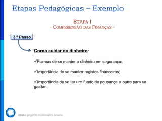 ETAPA I
                    – COMPREENSÃO DAS FINANÇAS –

3.º Passo


            Como cuidar do dinheiro:

            Formas de se manter o dinheiro em segurança;

            Importância de se manter registos financeiros;

            Importância de se ter um fundo de poupança e outro para se
            gastar.
 