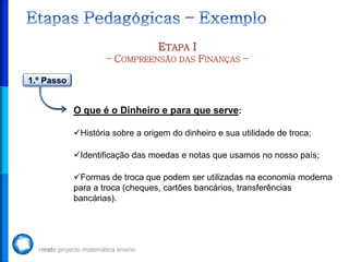 ETAPA I
                    – COMPREENSÃO DAS FINANÇAS –

1.º Passo


            O que é o Dinheiro e para que serve:

            História sobre a origem do dinheiro e sua utilidade de troca;

            Identificação das moedas e notas que usamos no nosso país;

            Formas de troca que podem ser utilizadas na economia moderna
            para a troca (cheques, cartões bancários, transferências
            bancárias).
 