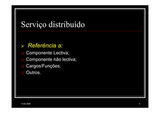 Serviço distribuído

       Referência a:
     Componente Lectiva;
     Componente não lectiva;
     Cargos/Funções;
     Outros.




13-04-2008                     5
 