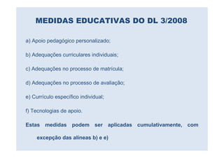 MEDIDAS EDUCATIVAS DO DL 3/2008

a) Apoio pedagógico personalizado;

b) Adequações curriculares individuais;

c) Adequações no processo de matrícula;

d) Adequações no processo de avaliação;

e) Currículo específico individual;

f) Tecnologias de apoio.

Estas medidas podem ser aplicadas cumulativamente, com

    excepção das alíneas b) e e)
 