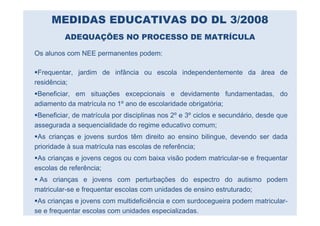 MEDIDAS EDUCATIVAS DO DL 3/2008
          ADEQUAÇÕES NO PROCESSO DE MATRÍCULA

Os alunos com NEE permanentes podem:

 Frequentar, jardim de infância ou escola independentemente da área de
residência;
 Beneficiar, em situações excepcionais e devidamente fundamentadas, do
adiamento da matrícula no 1º ano de escolaridade obrigatória;
 Beneficiar, de matrícula por disciplinas nos 2º e 3º ciclos e secundário, desde que
assegurada a sequencialidade do regime educativo comum;
 As crianças e jovens surdos têm direito ao ensino bilingue, devendo ser dada
prioridade à sua matrícula nas escolas de referência;
 As crianças e jovens cegos ou com baixa visão podem matricular-se e frequentar
escolas de referência;
 As crianças e jovens com perturbações do espectro do autismo podem
matricular-se e frequentar escolas com unidades de ensino estruturado;
 As crianças e jovens com multideficiência e com surdocegueira podem matricular-
se e frequentar escolas com unidades especializadas.
 