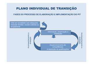PLANO INDIVIDUAL DE TRANSIÇÃO
   FASES DO PROCESSO DE ELABORAÇÃO E IMPLEMENTAÇÃO DO PIT



Vida em sociedade com adequada
inserção familiar, social e laboral ou
ocupacional

                                          Informação, observação e




                                                                        Acompanhamento e
                      Acompanhamento e


                                                 orientação




                                                                            avaliação
                          avaliação




                                            Desenvolvimento de
                                                competências
                                         e aquisição de qualificações
 