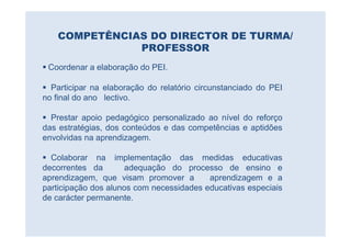 COMPETÊNCIAS DO DIRECTOR DE TURMA/
              PROFESSOR
 Coordenar a elaboração do PEI.

  Participar na elaboração do relatório circunstanciado do PEI
no final do ano lectivo.

  Prestar apoio pedagógico personalizado ao nível do reforço
das estratégias, dos conteúdos e das competências e aptidões
envolvidas na aprendizagem.

  Colaborar na implementação das medidas educativas
decorrentes da        adequação do processo de ensino e
aprendizagem, que visam promover a        aprendizagem e a
participação dos alunos com necessidades educativas especiais
de carácter permanente.
 
