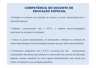 COMPETÊNCIA DO DOCENTE DE
                   EDUCAÇÃO ESPECIAL

 Participar no processo de avaliação da criança ou jovem referenciada para a
educação especial.


  Elaborar, conjuntamente com o S.P.O., o relatório técnico-pedagógico
decorrente do processo de avaliação.


  Indicar os apoios especializados, as adequações a efectuar no processo de
ensino-aprendizagem ou as tecnologias de apoio de que o aluno deva beneficiar.


  Encaminhar, juntamente com o S.P.O., os alunos que não         apresentando
necessidades educativas que justifiquem a intervenção dos serviços de educação
especial, possam beneficiar de outros apoios disponibilizados pela escola que
melhor se adeqúem à sua situação específica.
 