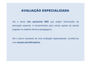 AVALIAÇÃO ESPECIALIZADA


Se o aluno não apresenta NEE que exijam intervenção da
educação especial, é encaminhado para outros apoios da escola
(registar no relatório técnico-pedagógico).



Se o aluno necessita de uma avaliação especializada, constitui-se
uma equipa pluridisciplinar.
 