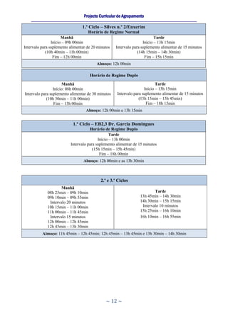 Projecto Curricular de Agrupamento
    ____________________________________________________________________________________________________________

                                     1.º Ciclo – Silves n.º 2/Enxerim
                                         Horário de Regime Normal
                      Manhã                                                       Tarde
                Início – 09h 00min                                         Início – 13h 15min
Intervalo para suplemento alimentar de 20 minutos          Intervalo para suplemento alimentar de 15 minutos
             (10h 40min – 11h 00min)                                    (14h 15min – 14h 30min)
                 Fim – 12h 00min                                            Fim – 15h 15min
                                              Almoço: 12h 00min

                                          Horário de Regime Duplo

                      Manhã                                                        Tarde
                 Início: 08h 00min                                          Início – 13h 15min
Intervalo para suplemento alimentar de 30 minutos           Intervalo para suplemento alimentar de 15 minutos
             (10h 30min – 11h 00min)                                     (15h 15min – 15h 45min)
                 Fim – 13h 00min                                             Fim – 18h 15min
                                       Almoço: 12h 00min e 13h 15min


                               1.º Ciclo – EB2,3 Dr. Garcia Domingues
                                        Horário de Regime Duplo
                                                    Tarde
                                             Início – 13h 00min
                             Intervalo para suplemento alimentar de 15 minutos
                                          (15h 15min – 15h 45min)
                                              Fim – 18h 00min
                                      Almoço: 12h 00min e as 13h 30min



                                                 2.º e 3.º Ciclos
                      Manhã
              08h 25min – 09h 10min                                                Tarde
              09h 10min – 09h 55min                                        13h 45min – 14h 30min
               Intervalo 20 minutos                                        14h 30min – 15h 15min
              10h 15min – 11h 00min                                         Intervalo 10 minutos
              11h 00min – 11h 45min                                        15h 25min – 16h 10min
               Intervalo 15 minutos                                        16h 10min – 16h 55min
              12h 00min – 12h 45min
              12h 45min – 13h 30min
           Almoço: 11h 45min – 12h 45min; 12h 45min – 13h 45min e 13h 30min – 14h 30min




                                                    ~ 12 ~
 