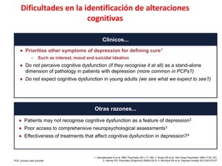 ● Prioritise other symptoms of depression for defining cure1
– Such as interest, mood and suicidal ideation
● Do not perceive cognitive dysfunction (if they recognise it at all) as a stand-alone
dimension of pathology in patients with depression (more common in PCPs?)
● Do not expect cognitive dysfunction in young adults (we see what we expect to see?)
Clinicos...
Otras razones...
● Patients may not recognise cognitive dysfunction as a feature of depression2
● Poor access to comprehensive neuropsychological assessments3
● Effectiveness of treatments that affect cognitive dysfunction in depression?4
Dificultades en la identificación de alteraciones
cognitivas
PCP, primary care provider
1. Demyttenaere K et al. BMC Psychiatry 2011;11:169; 2. Brody DS et al. Gen Hosp Psychiatry 1995;17:93-107;
3. Harvey PD. Psychiatry (Edgmont) 2009;6:23-5; 4. McIntyre RS et al. Depress Anxiety 2013;30:515-27
 